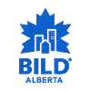 Blue BILD Alberta logo featuring stylized buildings inside a maple leaf, with