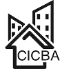 Black and white logo with a house outline in front of two buildings and the text