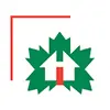 A white house icon with a red door is centered on a green maple leaf, with two red lines forming a corner on the top left.
